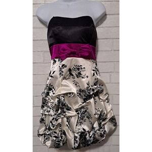 Deb Junior's Short Semi-Formal Dress Size 9 Black White Floral Purple Bow